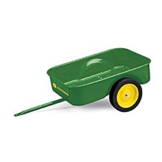 a green wheelbarrow with yellow wheels and the words pedal trailer john deere wit