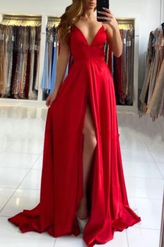 Simple Evening Dress, Red Prom Dress Long, Simple Prom Dress Long, Sweep Train Prom Dress, School Dance Dresses, Prom Dresses Simple, Winter Formal Dresses, Simple Prom Dress, V Neck Prom Dresses