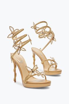 Margot Gold Platform Sandal With Butterflies 120 Gold Sandles Shoes, Gold Prom Shoes Heels, Renee Caovilla, Rene Caovilla Heels, Fairy Heels, Gold Platform Sandals, Monster High Ocs, Beige Sandals Heels, Diamond High Heels