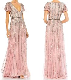 Mac Duggal 5444 Sequin Stripe V-Neck Gown Rose Size 8  | eBay Feminine V-neck Gown For Spring, Pink V-neck Gown For Spring, Feminine V-neck Spring Gown, Pink V-neck Summer Gown, Summer Pink V-neck Gown, Pink V-neck Spring Gown, Spring Pink V-neck Gown, Pink V-neck Evening Gown, Pink Short Sleeve Gown For Spring