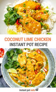 coconut lime chicken instant pot recipe on a plate with rice and cilantro garnishes