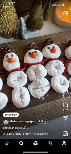 there are snowmen made out of doughnuts on the table