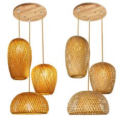 four hanging lights made out of wood and wicker, each with different shades of yellow