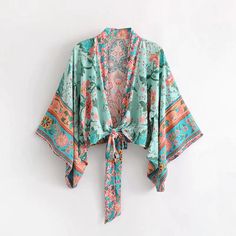 FREE SHIPPING Boho 2 Piece Women Set Kimono Top And Maxi Skirt In Peacock Floral Print Kimono sleeves Wrap tie 2018 hippie chic Bohemia set JKP1672 Hippie Elegante, Peacock Shirt, Moda Kimono, Plus Size Crop Tops, Ethno Style, Silk Crop Top, Kimono Blouse, Bohemian Kimono, Floral Print Kimono