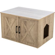 a wooden dog house with two doors and one door open to the side, on white background