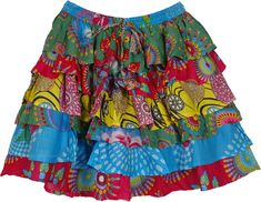 A cute and colorful abstract floral printed cotton short skirt with six ruffled layers in various deep carnival colors.  This multicolored bouncy bohemian short skirt is an ideal outfit choice for hot summer weather. #tlb #TieredSkirt #vacationclothing #beachwrap #Floral #Printed #ColorfulShortSkirt #BeachSkirt #RuffledSkirt Arty Clothing, Mexico Outfits, Short Summer Skirts, Beach Floral, Outfits For Mexico, Crop Top With Jeans, Colorful Skirts, Lace Designs, Hippie Look