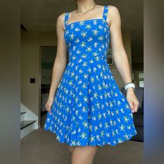 Never Worn Except For Picture. New With Tags. Originally $58 Plus Tax. Asking $50. Dress Is No Longer Sold, Very Soft And Flowy. Straps Are Adjustable. Back Is Stretchy So I’m A Small For Reference And It Fits Perfect But It Would Fit A Medium Perfect Too Blue Floral Print Sundress With Square Neck, Blue Square Neck Sundress With Floral Print, Blue Fitted Mini Sundress, Casual Fitted Floral Print Sundress, Blue Fitted Sundress For Casual Wear, Blue Fitted Sundress For Day Out, Blue A-line Sundress For Garden Party, Fitted Blue Sundress For Day Out, Fitted Casual Sundress For Garden Party