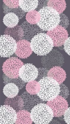 an abstract floral pattern with pink and white flowers on a black background, in shades of gray