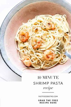 shrimp pasta in a pink bowl with text overlay