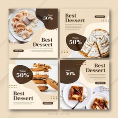 four square banners with different desserts and pastries on the front, one is brown