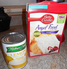 a can of angel food next to a bag of lemon cake mix on a counter