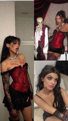 three pictures of women dressed in costumes and garters, one is wearing a corset while the other has her mouth open