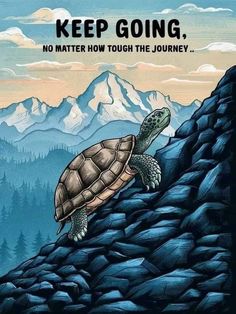 a turtle sitting on top of a mountain with the words keep going, no matter how tough the journey is