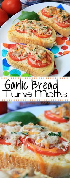 garlic bread tuna meats with tomatoes and spinach on the side are shown in this collage