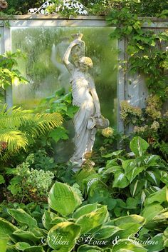 an outdoor fountain surrounded by lush green plants and trees in the background with text overlay