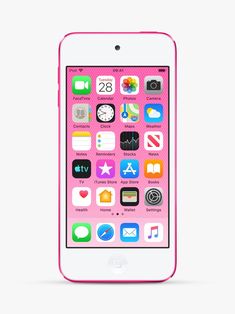 an iphone is sitting on a white surface with pink trimmings and icons displayed