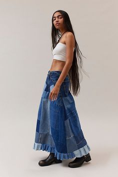 Urban Renewal Remade Denim Patchwork Maxi Skirt. Maxi denim skirt features an patchwork pattern with a ruffled hem for a femme look we love. This modern design was created by Urban Renewal from unique vintage and deadstock items found around the world. Though similar in style to what you see here, each upcycled item is one-of-a-kind and may vary from piece to piece. Features Urban Renewal Remade Denim Patchwork Maxi Skirt Denim maxi skirt features an allover patchwork design Ruffled hem for a femme look we love Urban Renewal Remade features upcycled pieces reimagined by our Urban Renewal team Updated by hand in the US, so no two are exactly alike You will receive a completely unique piece that will vary from the item pictured here Content + Care Cotton Machine wash Made in the USA Size + F Mixed Denim Jeans, Maxi Skirt Denim, Patchwork Maxi Skirt, Maxi Denim Skirt, Skirt Denim, Denim Maxi, Skirt Maxi, Urban Renewal, Denim Maxi Skirt