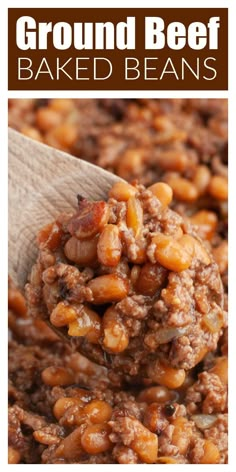 ground beef baked beans on a spoon with text overlay that reads ground beef baked beans