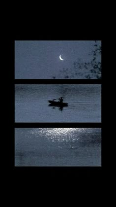 a person in a boat on the water at night with a half moon behind them