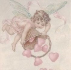 an old fashioned valentine's day card with a cupid angel holding a basket full of hearts