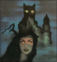 a painting of a woman with an evil cat on her head, and a castle in the background