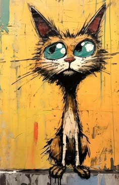 a painting of a cat with big blue eyes on a yellow and green background,