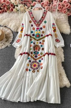 Vintage Chic Women's Floral Embroidery V Neck Cotton Linen Boho Maxi Dress Spring V-neck Dress With Multicolor Embroidery, Spring Cotton V-neck Embroidered Dress, Casual Multicolor Embroidered V-neck Dress, Spring Festival Embroidered V-neck Dress, White V-neck Embroidered Dress For Festival, Multicolor Folk Style V-neck Dresses, White V-neck Dress With Geometric Embroidery, White Bohemian Patchwork Dress, Embroidered V-neck Boho Dress For Summer