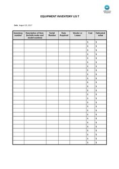 the equipment inventory list is shown in this file, and includes several important items for each item