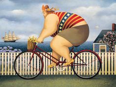 A whimsically illustrated woman takes her new bike out for a ride through her suburban town, its basket filled with flowers. Beyond the white picket fence, we can see a waterfront with a sailing ship on the horizon. Mary's New Bike by Lowell Herrero is produced with printing that covers the entirety of the canvas for a sleek and stylish museum-quality look. Our framed prints are made by expert craftsmen who strive to make each canvas the masterpiece that your home deserves. Each of our framed ca Girl Riding Bike, Bike Art Print, Bike With Basket, Fat Ladies, Black Bicycle, Plus Size Art, Arte Folk, Bike Print, Big People