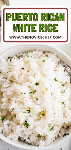 white rice in a bowl with the words puerto rican white rice above it and below