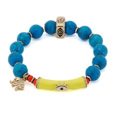 The Evil Eye & Elephant Turquoise Stone Beaded Bracelet is a one-of-a-kind piece of handmade jewelry that combines natural turquoise stones with powerful symbols of protection. The bracelet features a turquoise stone, an elephant, an evil eye, and a hamsa symbol. The turquoise stone is known for its healing properties and is believed to promote inner peace and calmness. The evil eye tube bead is a symbol of protection against the "evil eye" and negative energies. The 18k gold-plated elephant cha Adjustable Turquoise Beaded Evil Eye Bracelet, Adjustable Beaded Turquoise Evil Eye Bracelet, Turquoise Bracelets With Evil Eye Round Beads, Adjustable Turquoise Evil Eye Bracelet With Round Beads, Spiritual Turquoise Beaded Bracelets With Evil Eye, Bohemian Beaded Turquoise Evil Eye Bracelet, Spiritual Turquoise Evil Eye Beaded Bracelets, Handmade Turquoise Evil Eye Bracelet With Round Beads, Bohemian Blue Evil Eye Bracelet Hand-strung