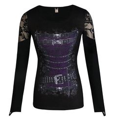 Punk Skull Cross Print Lace Patchwork O Neck Slim Fit Sexy Top Tees Shirt Black Long Sleeve Tops With Lace Patchwork, Black Long Sleeve Top With Lace Patchwork, Fitted Grunge Tops For Night Out, Winter Long Sleeve Lace Patchwork Top, Gothic Stretch Tops For Club, Black Emo Tops For Club, Gothic Fitted Top For Alternative Fashion, Fitted Gothic Tops For Alternative Fashion, Grunge Tops For Club And Fall Season