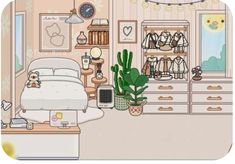 a bedroom with a bed, dresser and plants