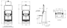 the drawing shows different types of ovens and cabinets, with measurements for each one