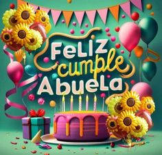 a birthday cake with candles and balloons in the background that says feliz cumple abuella