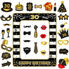 a birthday photo booth with party decorations and masks on the front, in black and gold