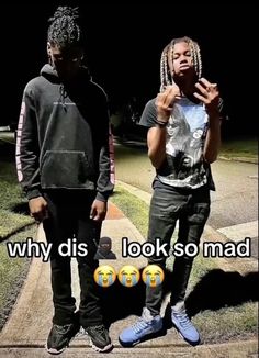 two young men standing next to each other in front of a cross walk with the caption why dis looks so mad