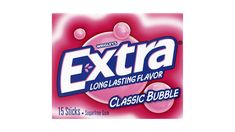 an extra bubble chewing gum is shown on a white background with the words, long -lasing flavor classic bubble