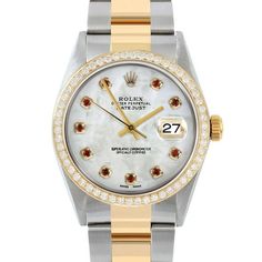 SKU#: 16013-WMOP-RBY-AM-BDS-OYSPre-Owned Rolex 16013 Men's 36mm Datejust Watch, Custom White Mother of Pearl Ruby Dial & Custom 1ct Diamond Bezel on Rolex Yellow Gold & Stainless Steel Oyster Band Model#: 16013 Case: Rolex 36mm Stainless Steel Case Movement: Rolex Automatic 3035 Caliber Dial: Custom White Mother of Pearl Dial with Ruby Hour Markers (Not Made by Rolex) Bezel: Custom 1ct Diamond Bezel (Not Made by Rolex) Band: Rolex Yellow Gold & Stainless Steel Oyster Band This Beautiful Watch Co White Diamond Chronograph Watch, White Diamond Watch With Chronograph, Luxury White Watch Accessories With Date Display, White Diamond Chronometer Watch, White Diamond Watch With Chronometer, Anniversary White Watch With Date Indicator, Luxury White Diamond Watch With Date Display, White Luxury Diamond Watch With Date Display, White Diamond Watch With Date Display