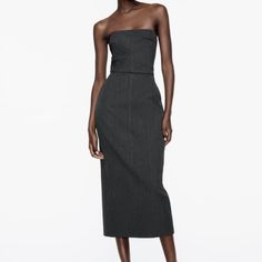 Zara Collection Strapless Dress Gray Sz S Bnwt Black Mini Shift Dress, Linen Halter Dress, Stretch Mini Dress, Black Short Sleeve Dress, Zara Collection, Black Dress With Sleeves, Fitted Midi Dress, Strapless Midi Dress, Pleated Mini Dress