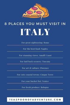 a blue poster with the words 8 places you must visit in italy