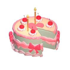 a pink and white cake with two candles on it's top, decorated with cherries