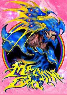 a blue dragon with yellow and red flames on it's face is in front of a pink background