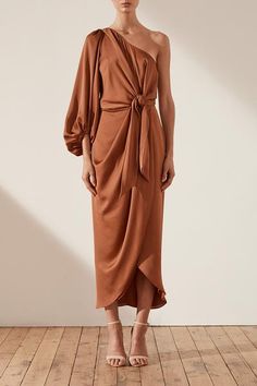 Oro Tie Front One Shoulder Draped Midi Dress | Mocha | Dresses | Shona Joy | Shona Joy International Mocha Dress, Shona Joy Dress, Sangria Dress, One Shoulder Cocktail Dress, Draped Midi Dresses, One Shoulder Midi Dress, Shona Joy, Silk Touch, Slim Fit Top