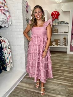 Introducing our Tinlee Flutter Ruffle Babydoll Midi Dress in pretty mauve pink. With flutter sleeves and tiered ruffle detail, this dress will make you feel like a flirty, fun and fab queen everywhere you go. Say yes to pink! Bradlee is wearing a size medium. Mauve Dress, Floral Outfit, Summer Staples, Midi Maxi Dress, Flutter Sleeve, Ruffle Dress, Playsuit Jumpsuit, Occasion Dresses, Pink Dress