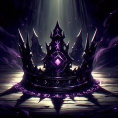 a purple crown sitting on top of a wooden floor next to a light shining down