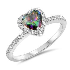 High Quality Sterling Silver Rainbow Topaz Heart & CZ Ring With Free EngravingPrepare to dazzle and shine with this Personalized Sterling Silver Rainbow Topaz Heart & CZ Ring. This dainty ring is fashioned from sterling silver and accentuated with tiny cubic zirconia studs set in pave along the shank. The main stone is a vibrant heart-shaped cubic zirconia which is surrounded by a halo of clear CZ studs. The ring dazzles magically every time light strikes its surface. This lovely piece will defi Heart Halo Ring, Pink Heart Rings, Friendship Anniversary, Alt Wedding, Cz Rings, Rainbow Topaz, Heart Rings, Sterling Silver Promise Rings, Silver Heart Ring