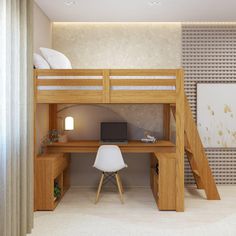 a loft bed with desk underneath it and stairs leading up to the top bunk area