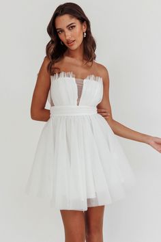 White Flowy Mini Dress With Sweetheart Neckline, Sheer Tulle Mini Dress With Sweetheart Neckline, Wedding Strapless Mini Dress With Lined Bodice, Wedding Mini Dress With Corset Back And Heart-shaped Neckline, White A-line Mini Dress With Corset Back, Purple Bridesmaids, Red Bridesmaids, Yellow Bridesmaids, Bridal Event