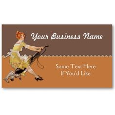 a business card with an image of a woman riding a horse and holding the reins